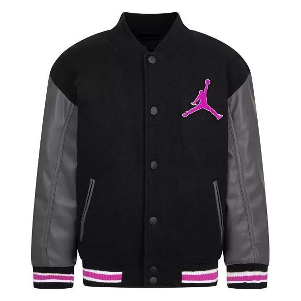 🆕️ NWOT Jordan Kids Black Pink Varsity Letterman Jacket M 10-12Y D197-A2B